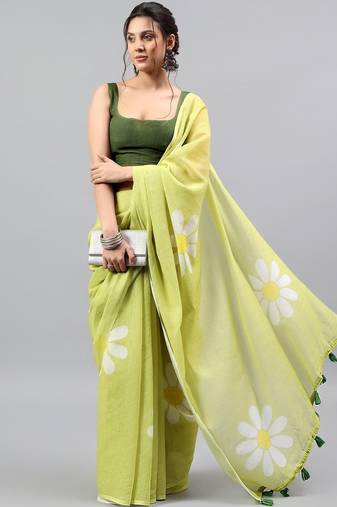 Lime linen printed saree with blouse