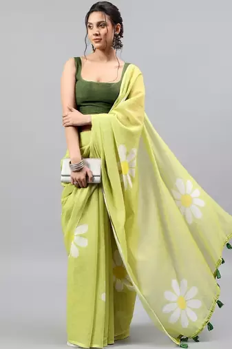 Lime linen printed saree with blouse
