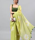 Lime linen printed saree with blouse