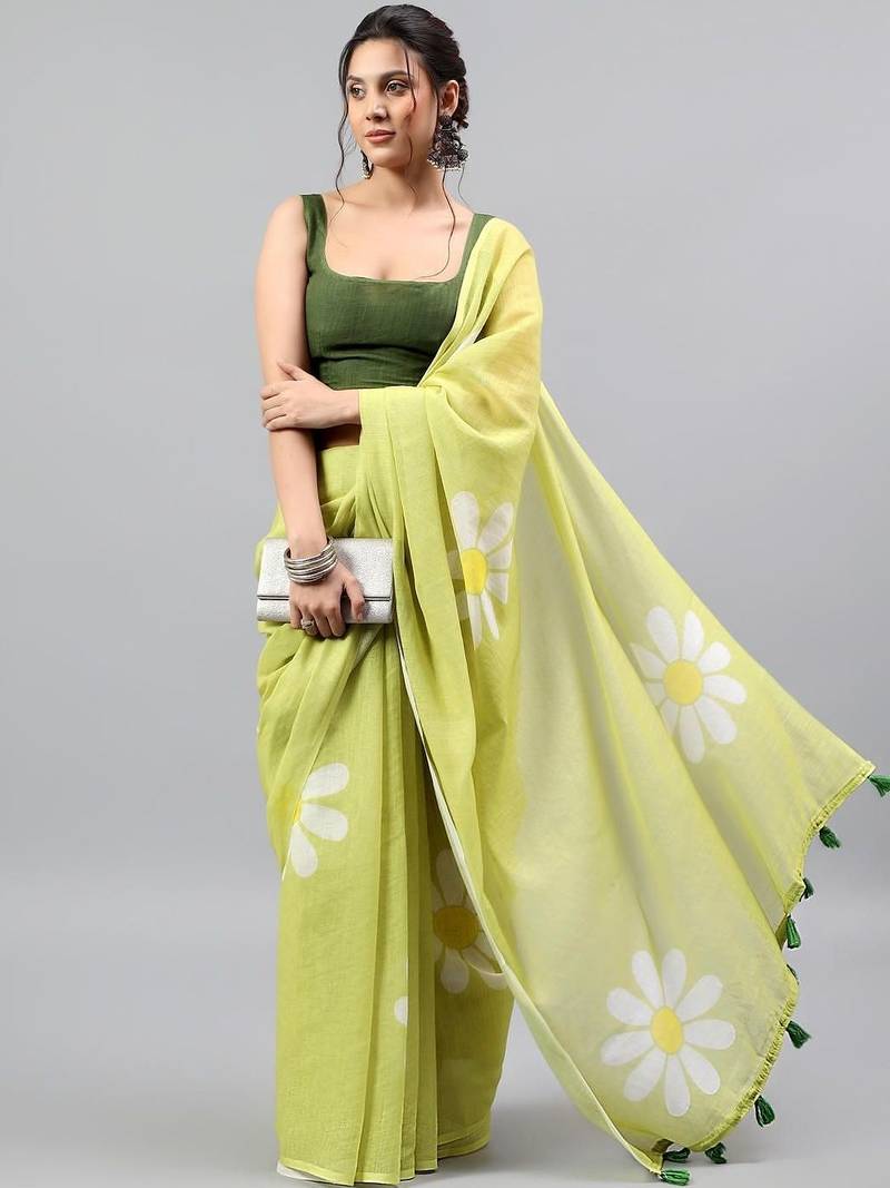 Lime linen printed saree with blouse