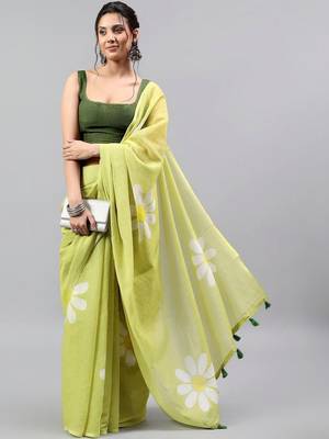 Lime linen printed saree with blouse 2