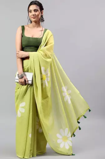 Lime linen printed saree with blouse