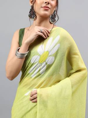 Lime linen printed saree with blouse 3