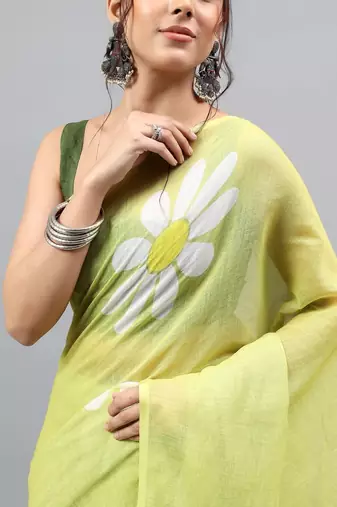 Lime linen printed saree with blouse