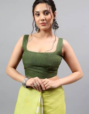 Lime linen printed saree with blouse 4