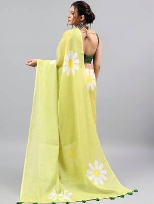 Lime linen printed saree with blouse 5