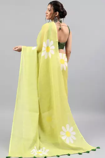 Lime linen printed saree with blouse