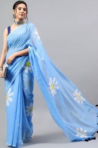 Blue linen printed saree with blouse