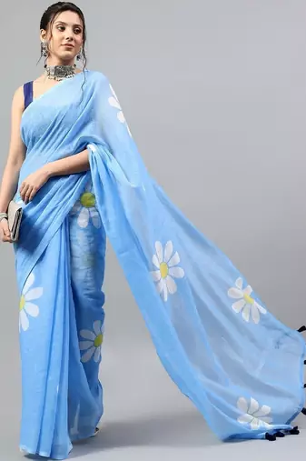 Blue linen printed saree with blouse