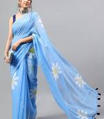 Blue linen printed saree with blouse