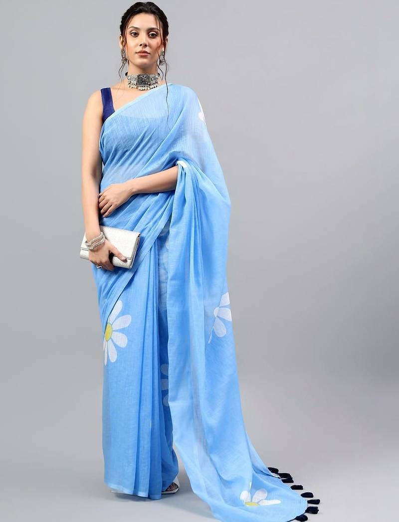 Blue linen printed saree with blouse