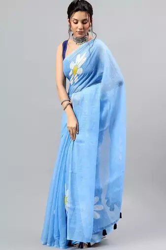 Blue linen printed saree with blouse