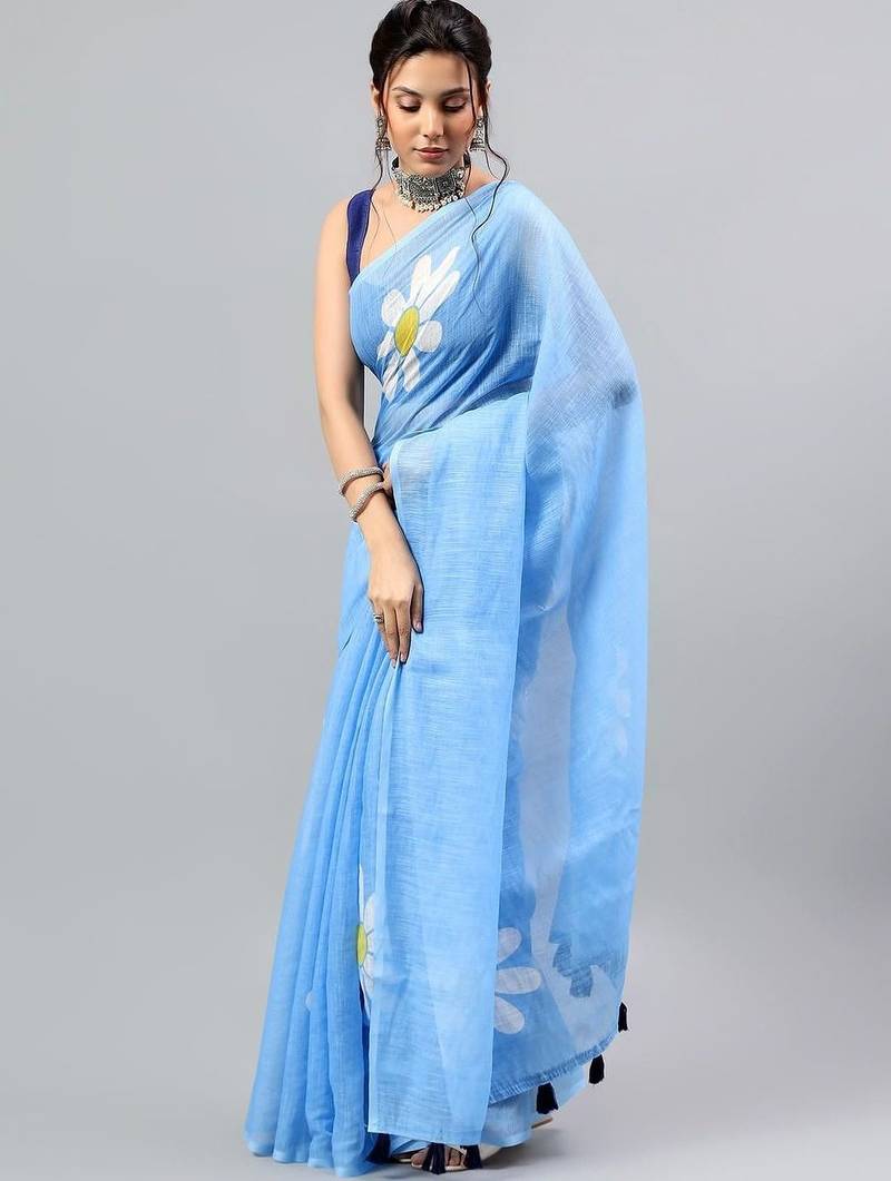 Blue linen printed saree with blouse