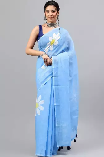 Blue linen printed saree with blouse
