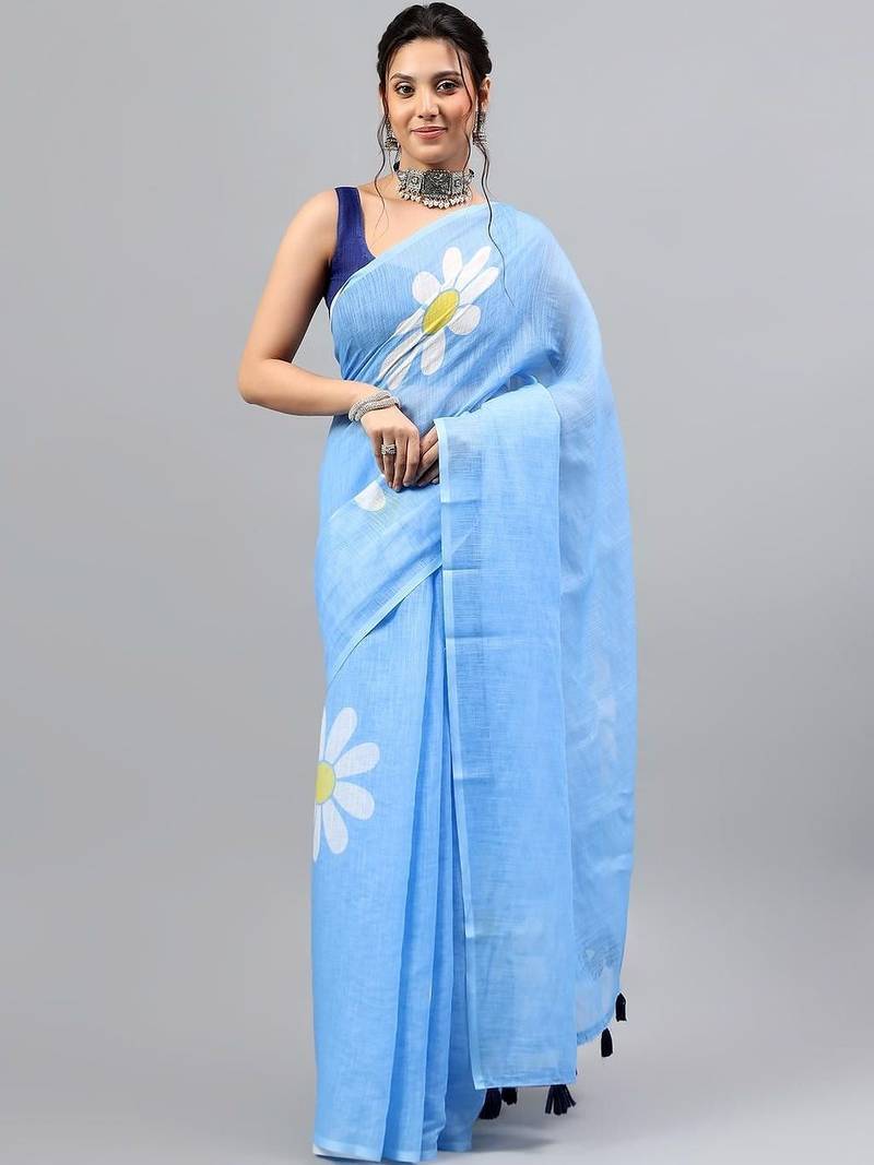 Blue linen printed saree with blouse