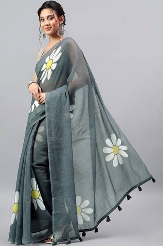 Grey linen printed saree with blouse