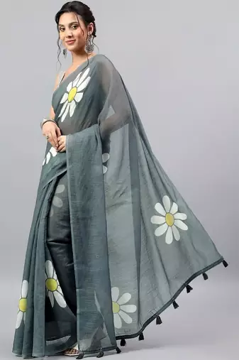 Grey linen printed saree with blouse