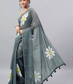 Grey linen printed saree with blouse
