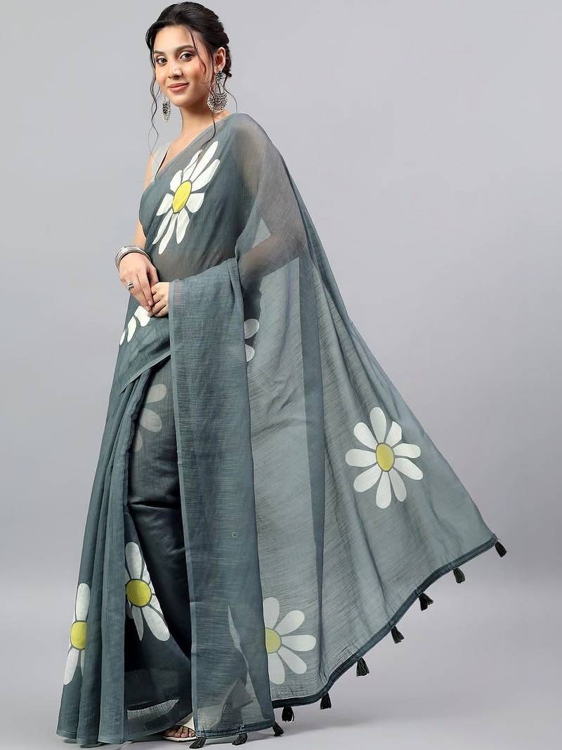 Grey linen printed saree with blouse