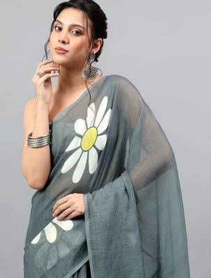 Grey linen printed saree with blouse 2