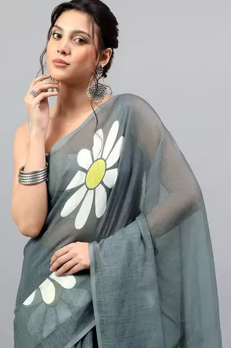 Grey linen printed saree with blouse