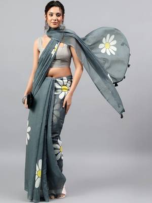 Grey linen printed saree with blouse 3