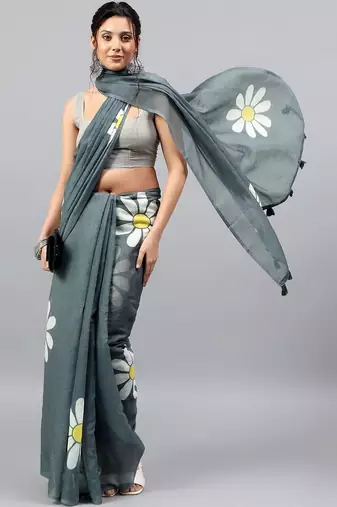 Grey linen printed saree with blouse