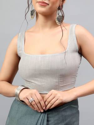 Grey linen printed saree with blouse 4