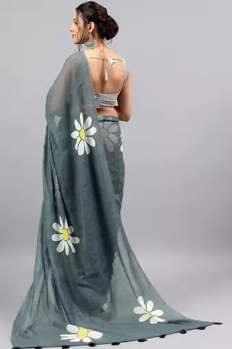 Grey linen printed saree with blouse