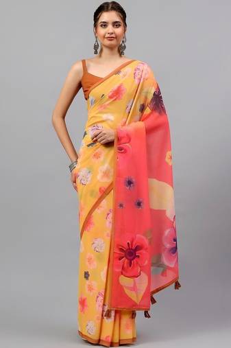 Yellow georgette printed saree with blouse