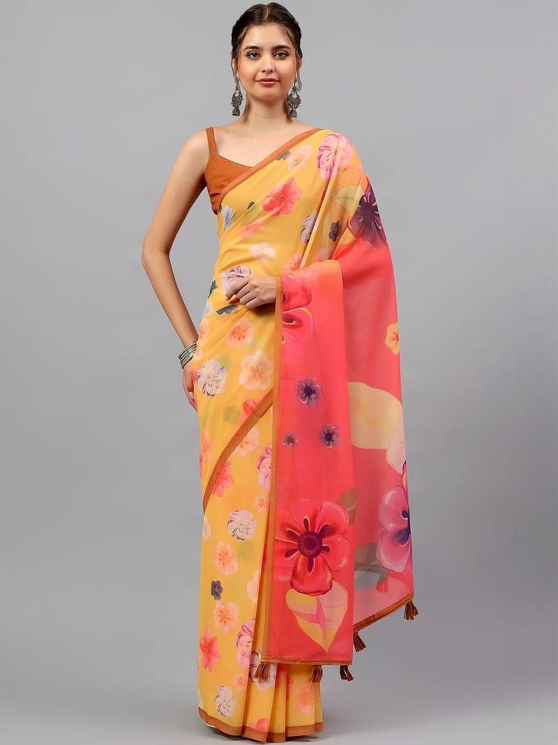 Yellow georgette printed saree with blouse