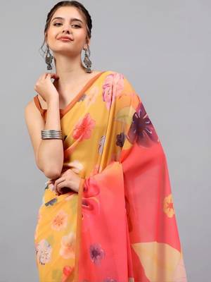 Yellow georgette printed saree with blouse 2