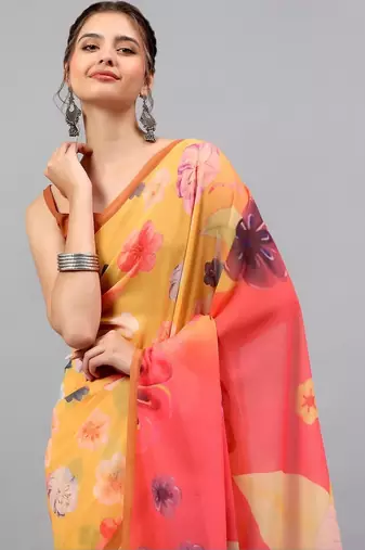 Yellow georgette printed saree with blouse