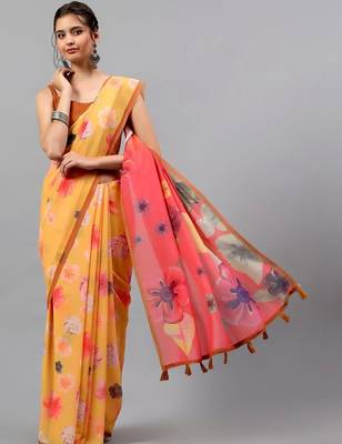 Yellow georgette printed saree with blouse 3