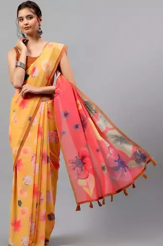 Yellow georgette printed saree with blouse