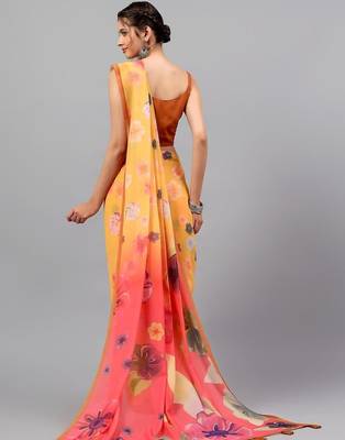 Yellow georgette printed saree with blouse 5