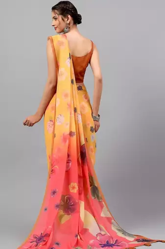 Yellow georgette printed saree with blouse