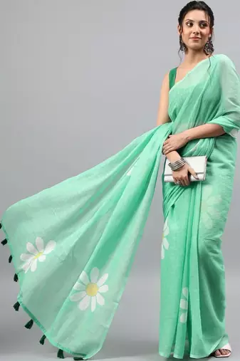 Sea green linen printed saree with blouse