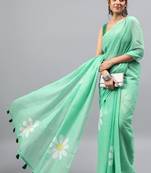 Sea green linen printed saree with blouse