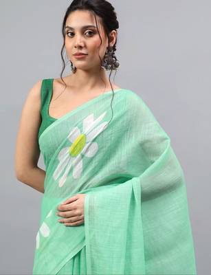 Sea green linen printed saree with blouse 2