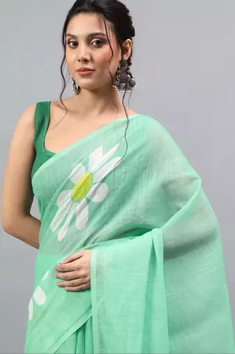 Sea green linen printed saree with blouse