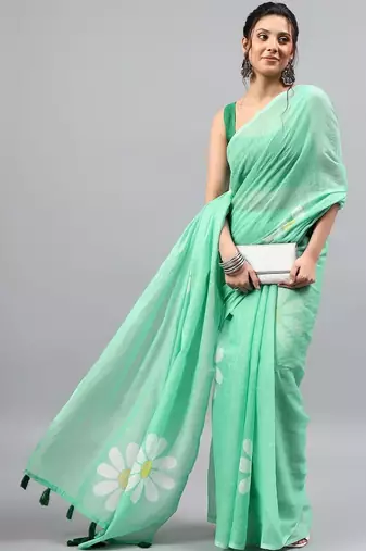 Sea green linen printed saree with blouse
