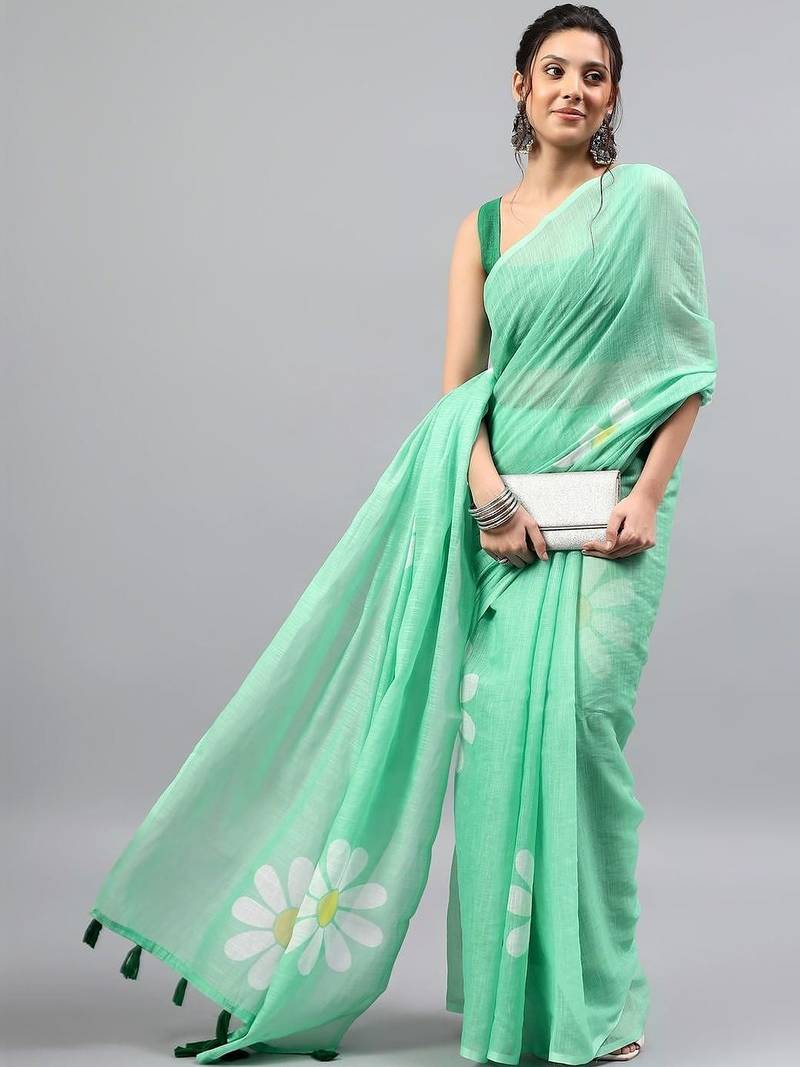 Sea green linen printed saree with blouse