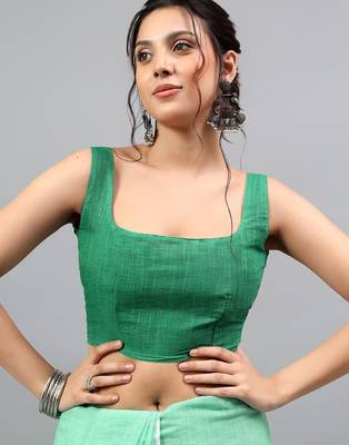 Sea green linen printed saree with blouse 4