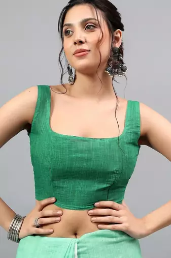 Sea green linen printed saree with blouse