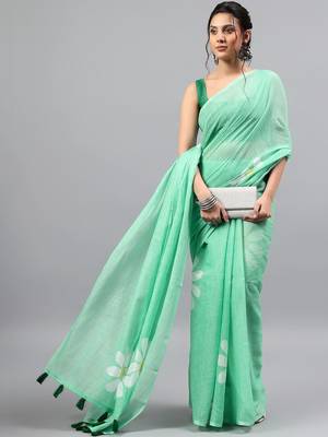 Sea green linen printed saree with blouse 5