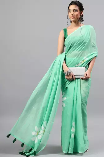 Sea green linen printed saree with blouse