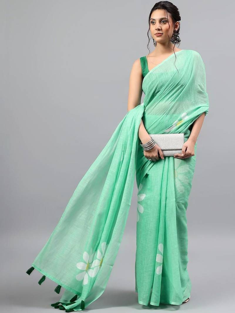 Sea green linen printed saree with blouse
