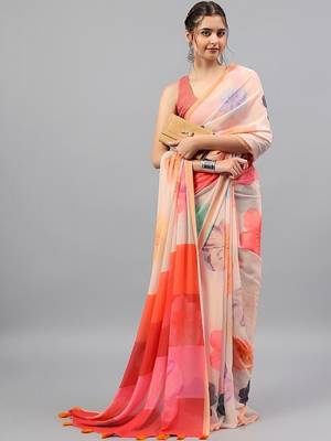 Peach georgette printed saree with blouse 1