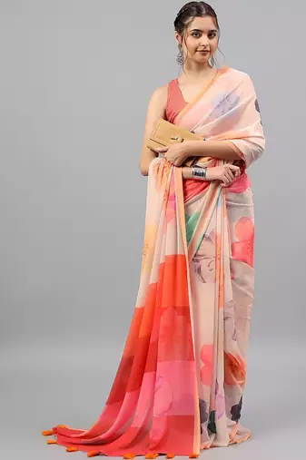 Peach georgette printed saree with blouse